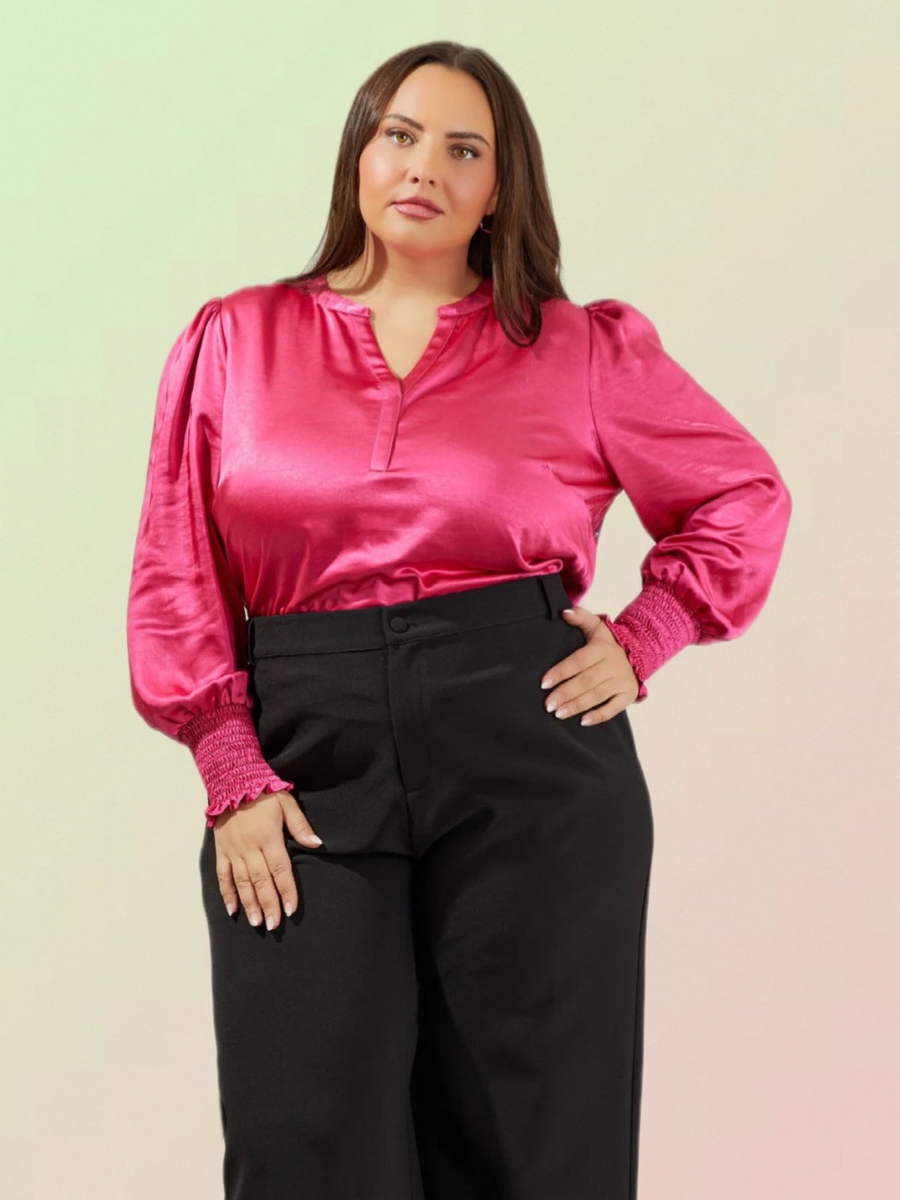 Sugarlips Curve Satin Pink Fuchsia Puff-Sleeve Blouse NWT Smocked Cuffs